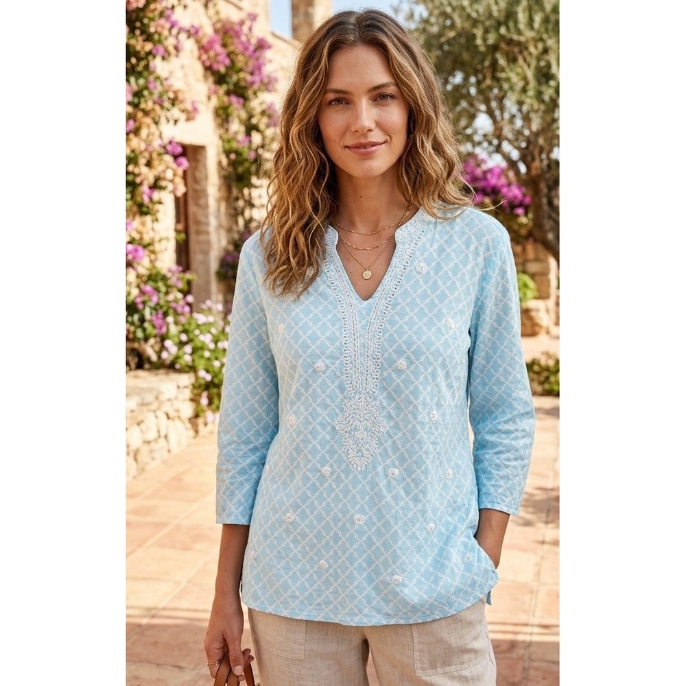 Tantrums Floral‎ V-Neck 3/4 Sleeve Tunic Top Women's L Blue White Boho Vacation